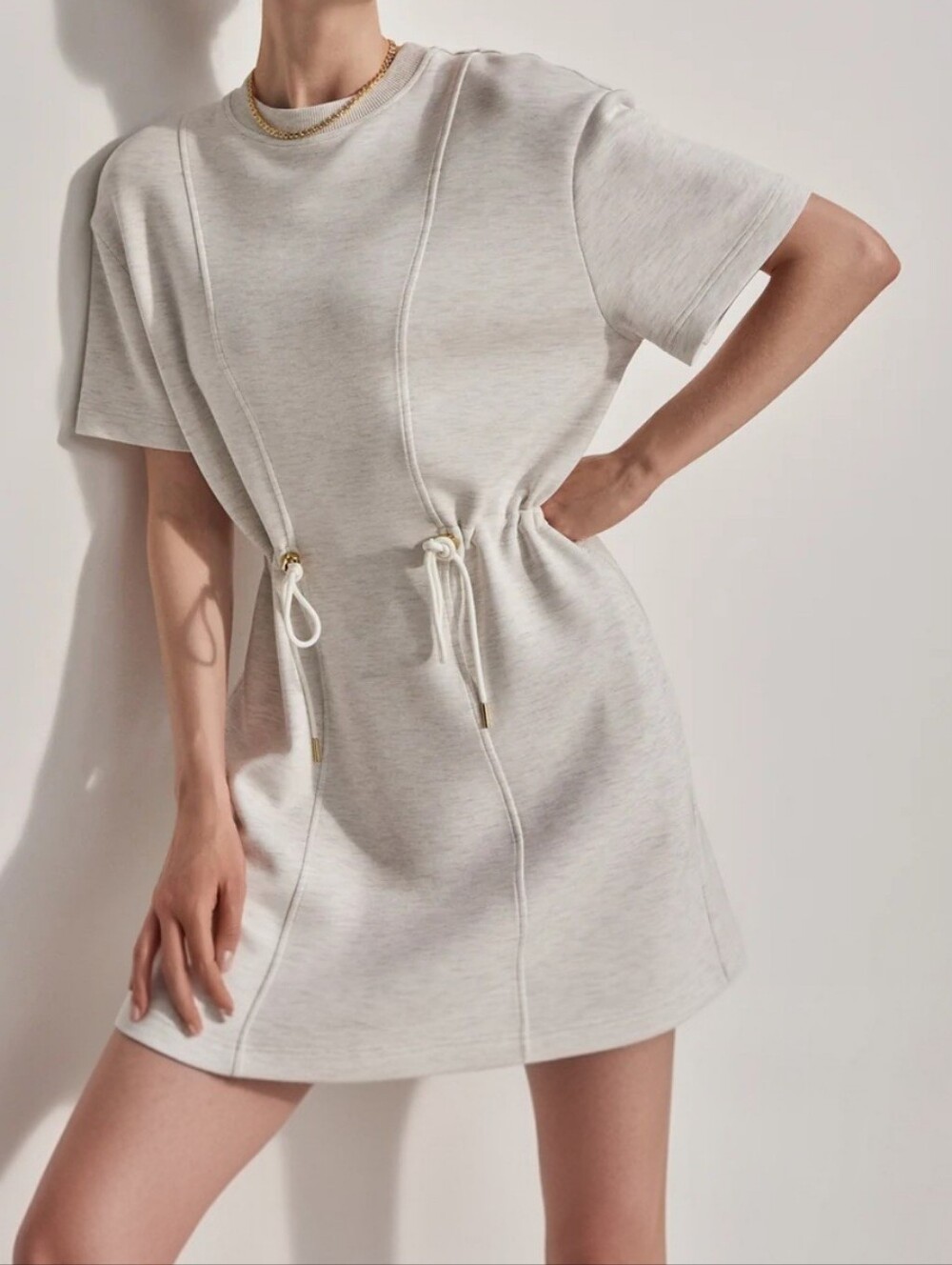 Varley Maple DoubleSoft Short Sleeve Drawstring Mini Dress Oatmeal Heather XXS